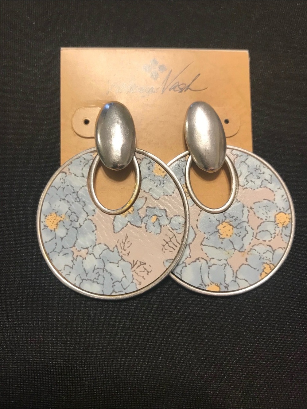 Floral Round Drop Earrings in Pale Blue and Beige